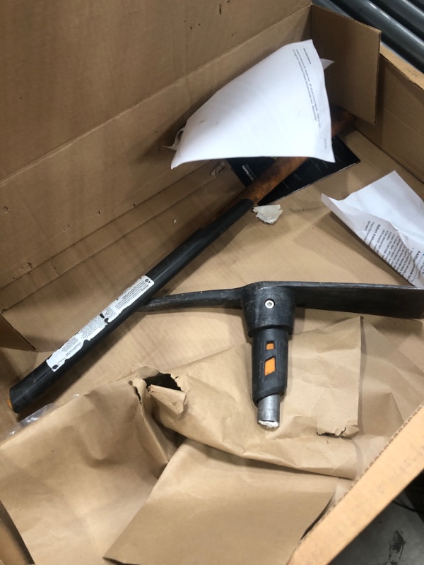 Photo 2 of USED. Fiskars Pro IsoCore 5lb. Garden Pick - 36" Shock Control Handle - Digging Tool for Tough Soil - Dual-Ended Pickaxe Tool and Garden Hoe - Black/Orange Pro IsoCore 5lb Garden Pick axe