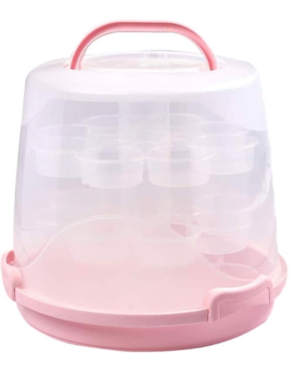 Photo 1 of 3-Tier Cake Carrier Cupcake Muffin Holder with Collapsible Handles - 11.2", Pink