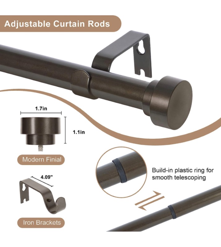 Photo 1 of 1 Pack Bronze Curtain Rods for Windows 28 to 48 Inch(2.3-4ft),1 Inch Diameter Heavy Duty Curtain Rods,Modern Adjustable Curtain Rod,Decorative Drapery Rods,Window Curtains Rod 28-48",Antique Bronze