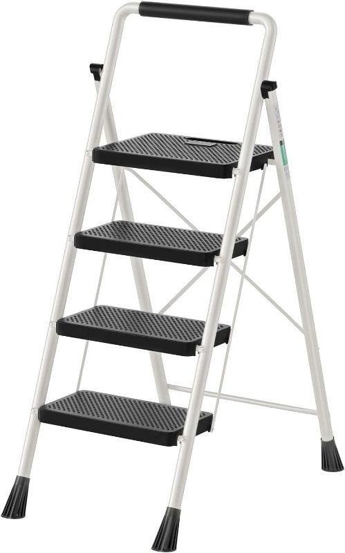 Photo 1 of 4 Step Ladder, RIKADE Folding Step Stool, Step Stool with Wide Anti-Slip Pedal, Lightweight, Portable Folding Step Ladder with Handgrip, Multi-use Steel Ladder for Household and Office
