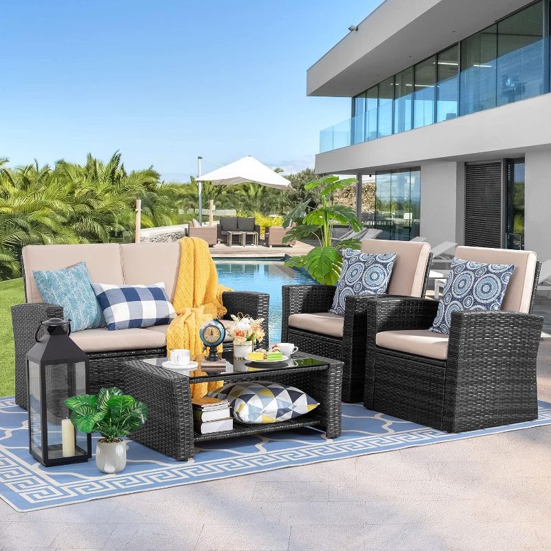 Photo 1 of ***Box 2 of 2 Only***Shintenchi 4-Piece Outdoor Patio Furniture Set, Wicker Rattan Sectional Sofa Couch, Black & Brightown Outdoor String Lights-25Ft G40 Globe Patio Lights with 26 Edison Glass Bulbs(1 Spare), Black Black Furniture Set + Patio Lights, Bla