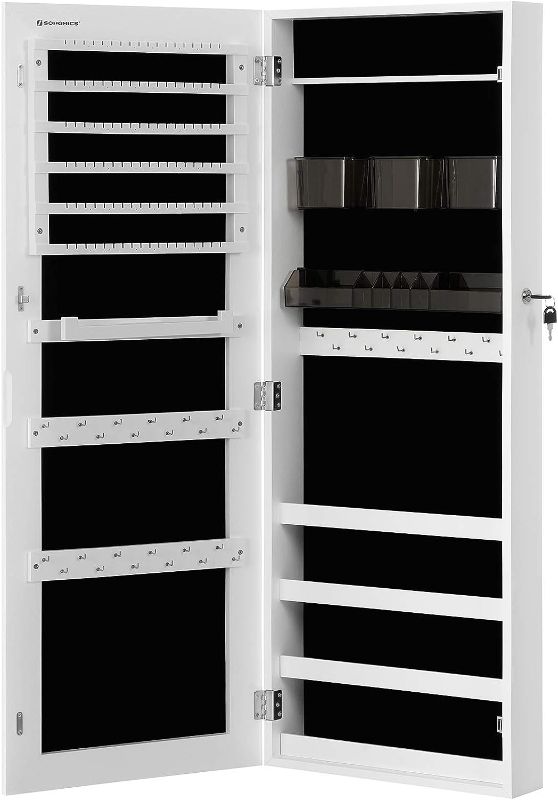 Photo 1 of SONGMICS Jewelry Cabinet Armoire, Lockable Wall-Mounted Organizer Unit with 2 Plastic Cosmetic Storage Trays, Full-Length Frameless Mirror, White