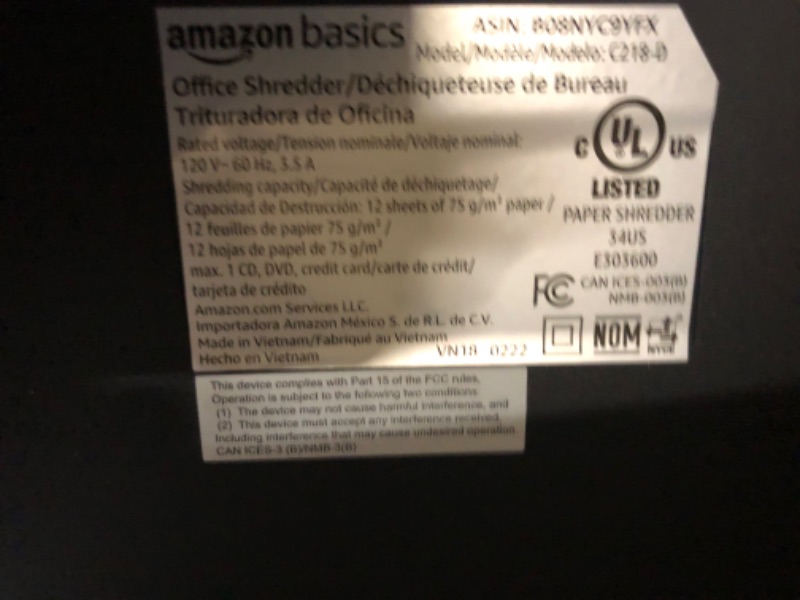 Photo 3 of **FOR PARTS ONLY**  Amazon Basics 12 Sheet Micro-Cut Paper