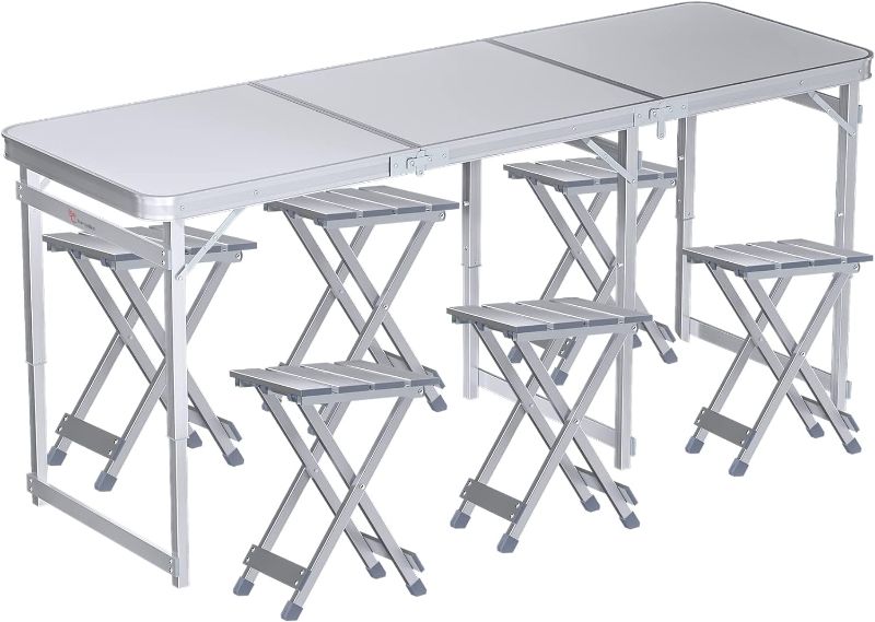 Photo 1 of ***no stools***renzyBird Folding Picnic Table with 6 Stools, Aluminum Table Chair Set for up to 6 Persons, Portable Lightweight Heights Adjustable for Outdoor Camping, 70Lx24Wx32H Inches