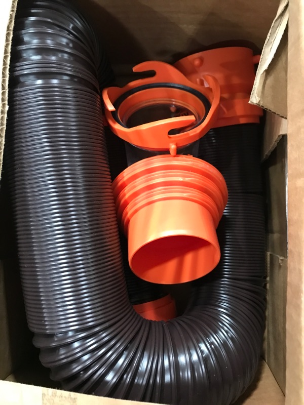Photo 2 of Camco 20' (39742) RhinoFLEX 20-Foot RV Sewer Hose Kit, Swivel Transparent Elbow with 4-in-1 Dump Station Fitting-Storage Caps Included , Black , Brown 20ft Sewer Hose Kit Frustration-Free Packaging