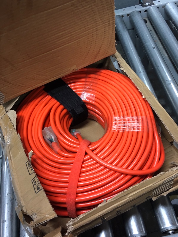 Photo 2 of 300 ft 12/3 Outdoor Extension Cord Waterproof Heavy Duty with Lighted End 12 Gauge 3 Prong, Flexible Cold-Resistant Long Power Cord Outside, 15Amp 1875W SJTW Orange ETL Listed POWGRN 300FT 12/3 Orange