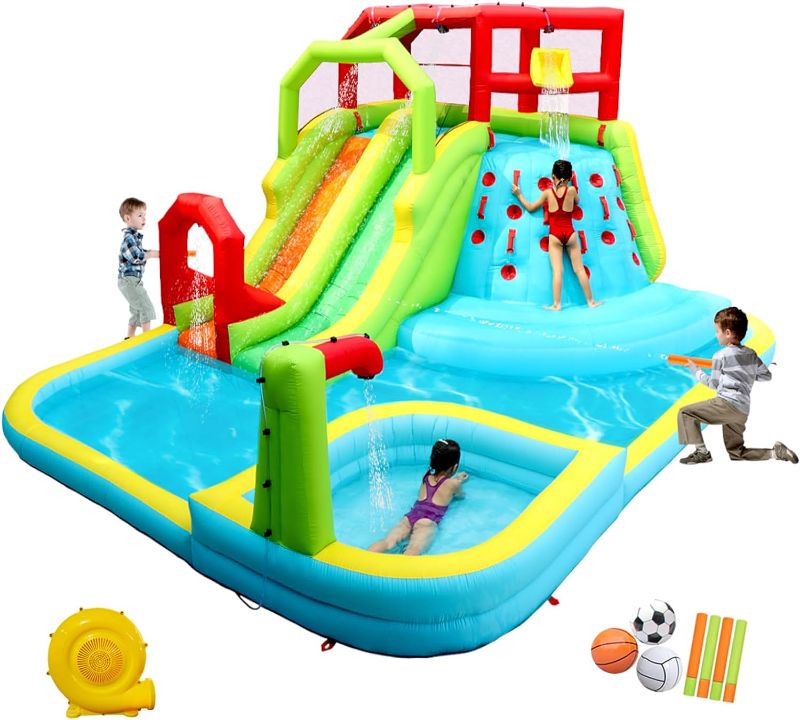 Photo 1 of *UNABLE TO FULLY TEST***MISSING ITEMS**  WELLFUNTIME Inflatable Water Slide Park with Splash Pool Climb The Wall, 3 Inflatable Sport Balls and 4 Water Guns, Water Slide with Air Blower
