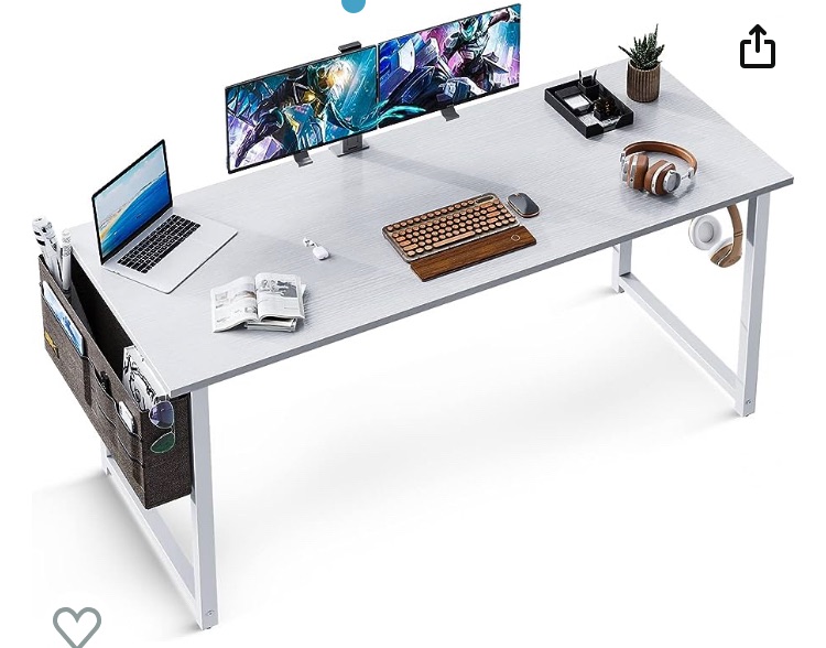 Photo 1 of ODK Computer Writing Desk 55 inch, Sturdy Home Office Table, Work Desk with A Storage Bag and Headphone Hook, White + White Leg