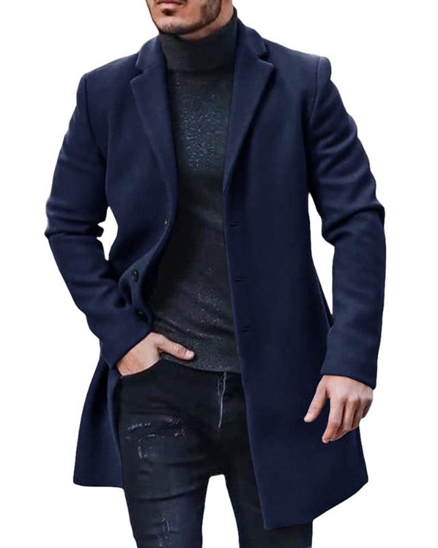 Photo 1 of PASLTER Mens Trench Coat Slim Fit Notched Collar Fall Winter Single Breasted Pea Coat Warm Soft Overcoat Medium Navy