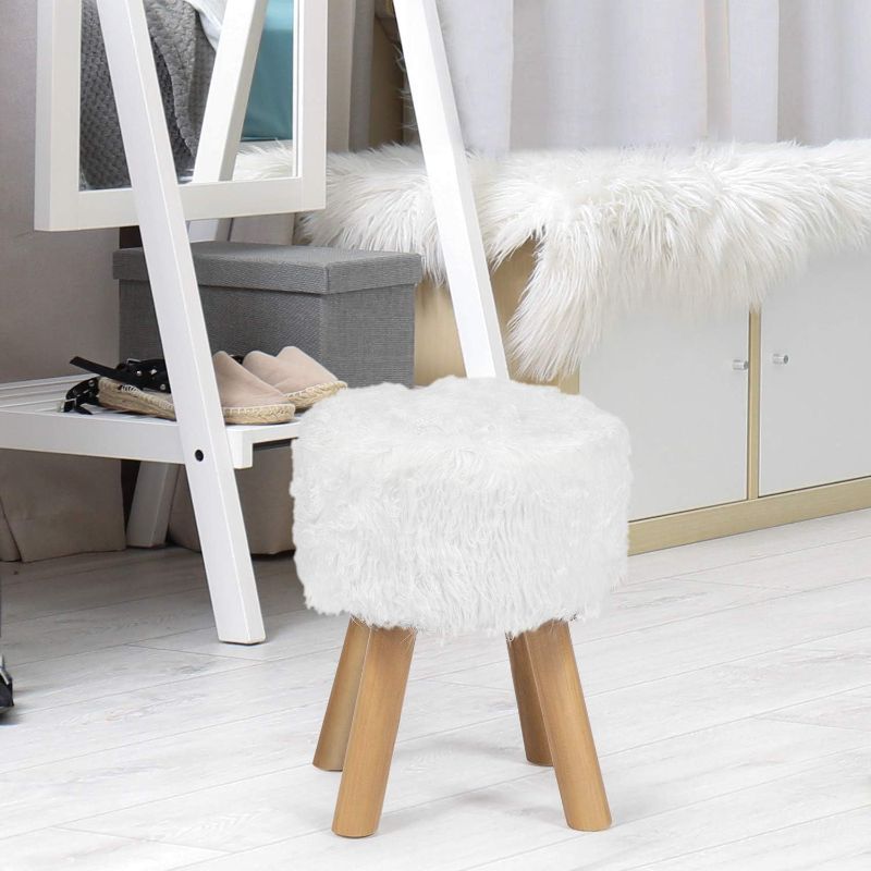 Photo 1 of 12.2" Footrest Small Ottoman Faux Fur Furry Round Stool with Wood Legs, White