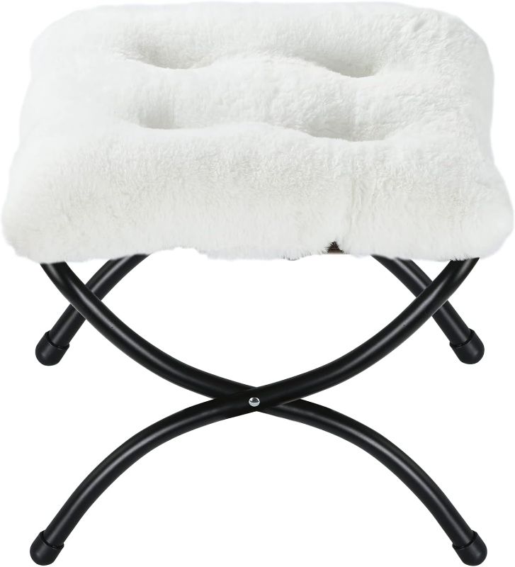 Photo 1 of 15" Folding Foot Stool, Small Accent Foot Rest, Faux Fur Elegant Foldable Ottoman with Metal Frame,