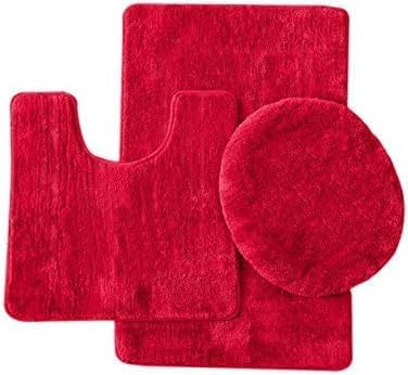 Photo 1 of 3 Piece Solid Bathroom Rug Set Includes Bath Rug, Contour Mat, and Toilet Lid Cover (Red)
