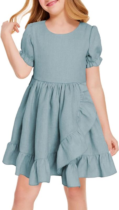 Photo 1 of Coutgo Girl’s Cotton Linen Dress Ruffle Long Sleeve Dresses A-Line Sundress-7/8years old 