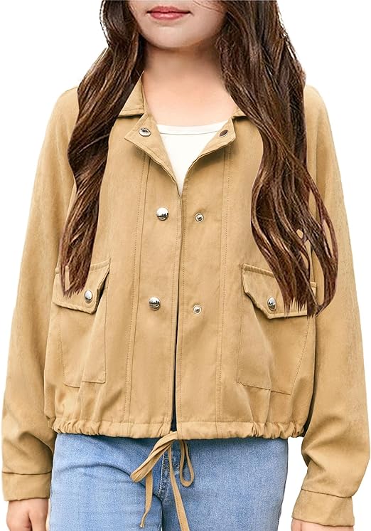 Photo 1 of Girls Spring Jackets Casual Solid Button Down Tops Long Sleeve Drawstring Cute Lapel Outwear Coat with Pockets 5-14Y
