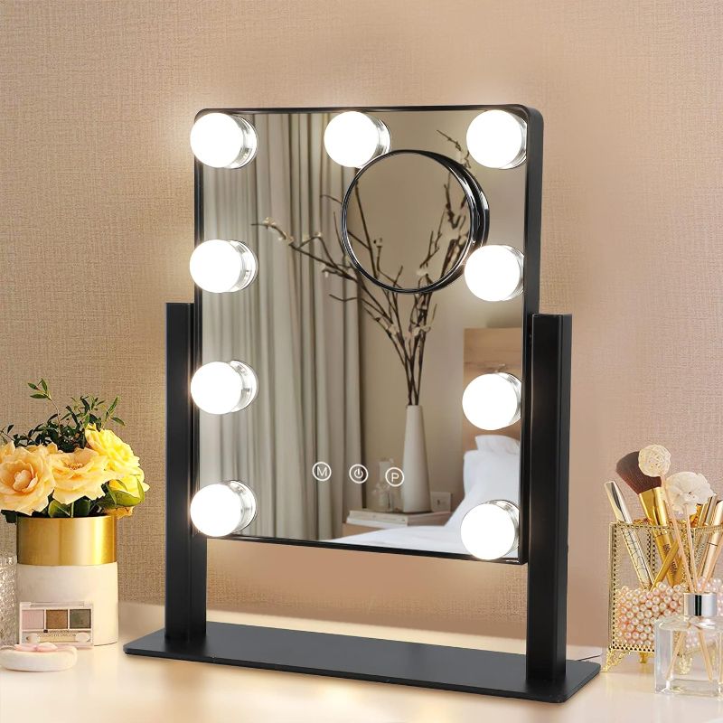 Photo 2 of Hollywood Lighted Vanity Makeup Mirror with Lights, Depuley Plug-in Light Up Mirror with 9 Dimmer Led Bulbs Smart Touch Control 3 Color Lighting Modes, Detachable 10X Magnification 360°Rotation(Black)
