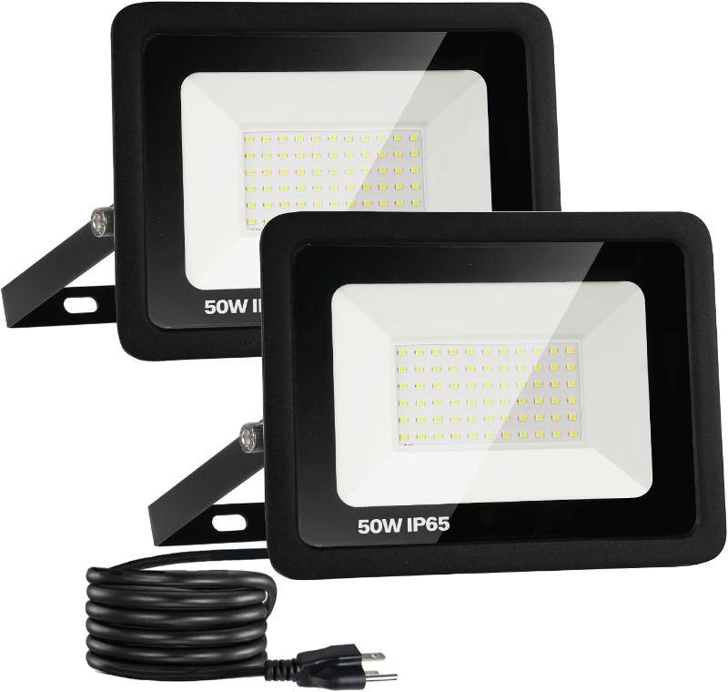 Photo 1 of 2 Pack 50W LED Flood Light Outdoor, 5000LM Super Bright LED Work Light with 5.9FT Plug, IP65 Waterproof 6000K Daylight White Outside LED Flood Light with the 180°Adjustable Bracket for Garage, Yard
