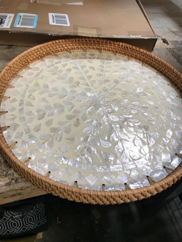 Photo 2 of 16 Inch Rattan Round Serving Tray with Beige MOP Wooden Base, Extra Large Wicker Ottoman Serving Platter with 1”Side, Woven Basket Plates for Home Décor, Coffee Table, Display White