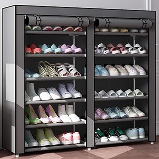 Photo 1 of 6 Tier Shoe Rack Organizer for 36 Pair Shoes, Double Rows 12 Lattices Free Standing Shoe Cabinet Storage Shelf Holder with Non-Woven Fabric Dustproof Cover,Large Portable Closet Shoe Tower (Gray)