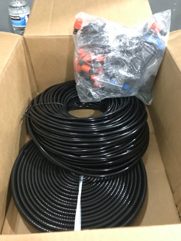 Photo 2 of 240FT Drip Irrigation System Kit, Yomile Automatic Garden Watering Misting System with 1/2 inch Hose 1/4 inch Distribution Tubing Drip Emitters Drip Spray 2 in 1 Nozzle for Greenhouse, Yard, Lawn