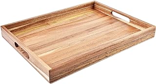 Photo 1 of Acacia Wood Serving Tray with Handles (17 Inches) – Decorative Serving Trays Platter for Breakfast in Bed, Lunch, Dinner, Appetizers, Patio, Ottoman, Coffee Table, BBQ, Party –Great for Lap &Couch
