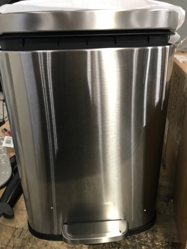 Photo 2 of * used item * functional * 
Amazon Basics Smudge Resistant Small Rectangular Trash Can With Soft-Close Foot Pedal, Brushed Stainless Steel,