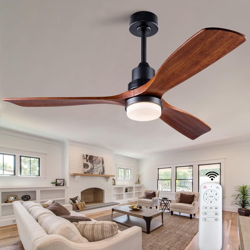 Photo 3 of  52” Ceiling Fans with Light and Remote Control, 3 Wood Blades and Down Rod, 6 Speed DC Motor, Indoor Outdoor Fan for Patio Bedroom Living Room Kitchen Office
