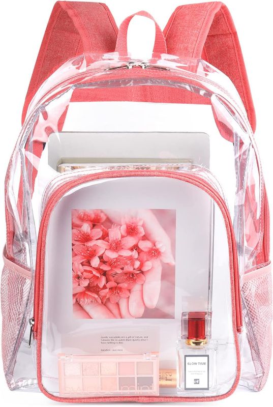 Photo 1 of Pink Clear Backpack for Girls Women, Stylish See Through Plastic Clear Bookbag for School Stadium Concert 16 inch
