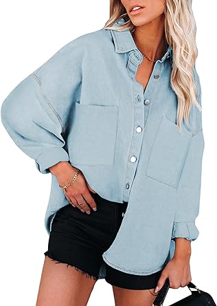 Photo 1 of Light Blue Size XL Happy Sailed Womens Leopard Contrast Denim Jackets Oversized Long Sleeve Button Down Jean Shacket Jacket 