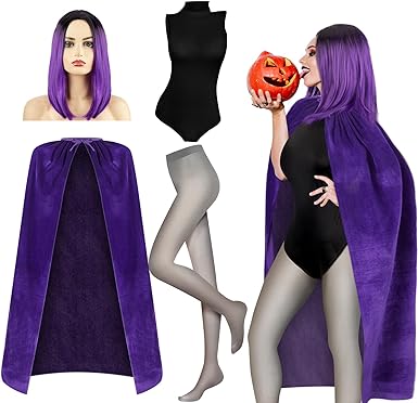 Photo 1 of LARGE SIZE Toulite 4 Pcs Halloween Women Cosplay Costume Include Hero Purple Cape Cloak Grey Tights Black Bodysuit Anime Wig 