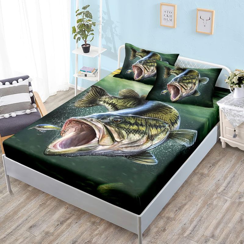 Photo 1 of (see notes) FULL SIZE  HOSIMA Soft Bed Fitted Sheet Full Size and Pillowcases Set,Bass Big Fish Eat Small Fish Pattern Hunting and Fishing Bedding Set Printed for Kids Boys Men