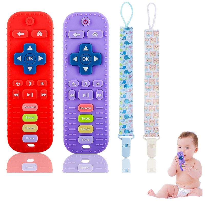 Photo 1 of (2pk bundle) COSTOYFUN Remote Teethers Silicone Baby Teething Toys, Remote Shaped Toddler Teething Toys for 0-6-12-18 Months Baby Chew Toys, BPA Free Baby Teether Controller 4pk