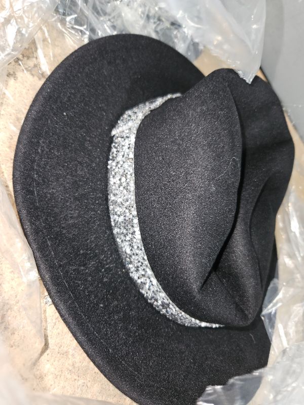 Photo 2 of 1920s Rhinestone Flat Top Pork Pie Fedora Hat for Women -Western Black Church Hat 7-7 1/4 Black-flat Top