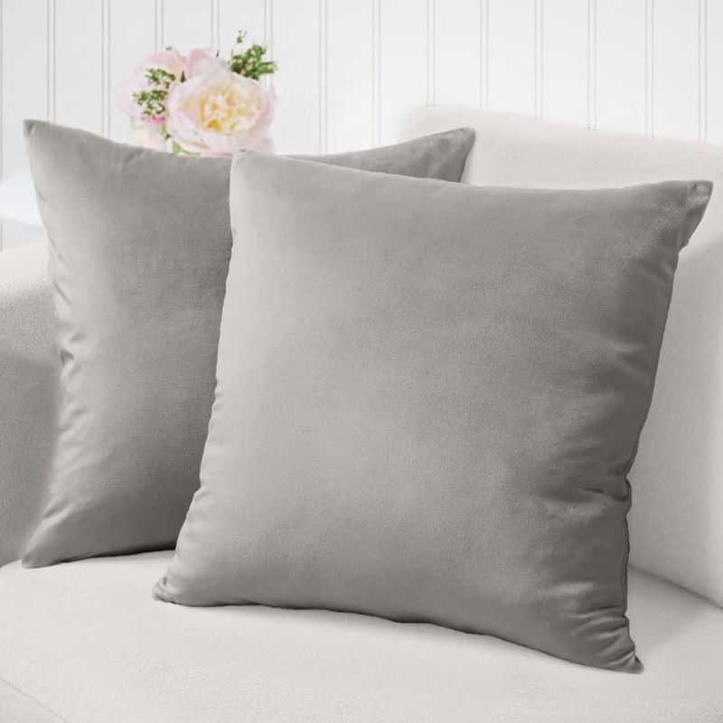 Photo 1 of *2 ITEM BUNDLE* The Connecticut Home Company Velvet Throw Pillow Covers, 18x18 Set of 2, Soft Decorative Square Pillowcases, Luxury Home Décor Accent Cushion Cases for Livingroom Couch, Bedroom, Sofa Bed, Light Gray Set of 2 (18" x 18") Light Gray (Velvet