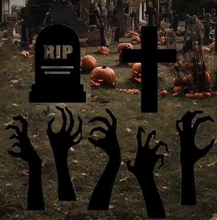 Photo 1 of AISENO Halloween Decorations Black Hands tombstone Yard Signs 7 Pcs Outdoor Garden Lawn Stake Signs for Halloween Party Deocr Supplies Props 