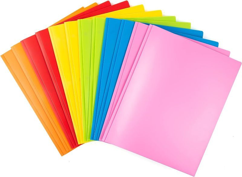 Photo 1 of MAKHISTORY Heavy Duty Plastic Folders with Pockets and Prongs - 12 Pack, Extra Tough Pocket Folders Includes Card Slot, Assorted Bright Colors for Letter Size Paper 