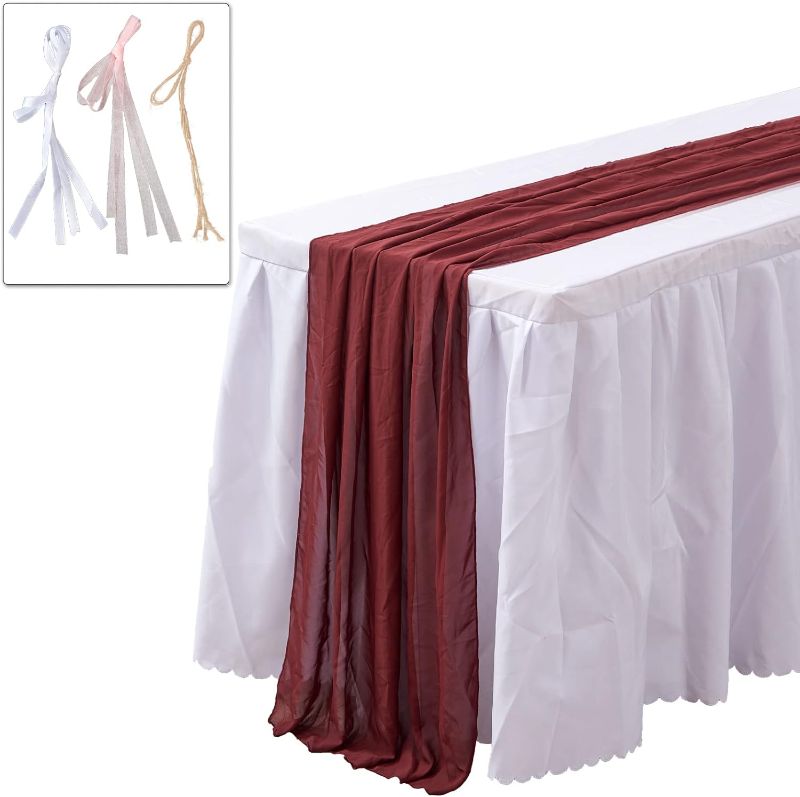 Photo 1 of 2 PACK Burgundy Chiffon Table Runner - 10Ft Boho Sheer Cloth Table Runner 29x120 Inch Long Romantic Sheer Table Runner for Wedding Bridal Baby Shower Birthday Party Table Decoration
