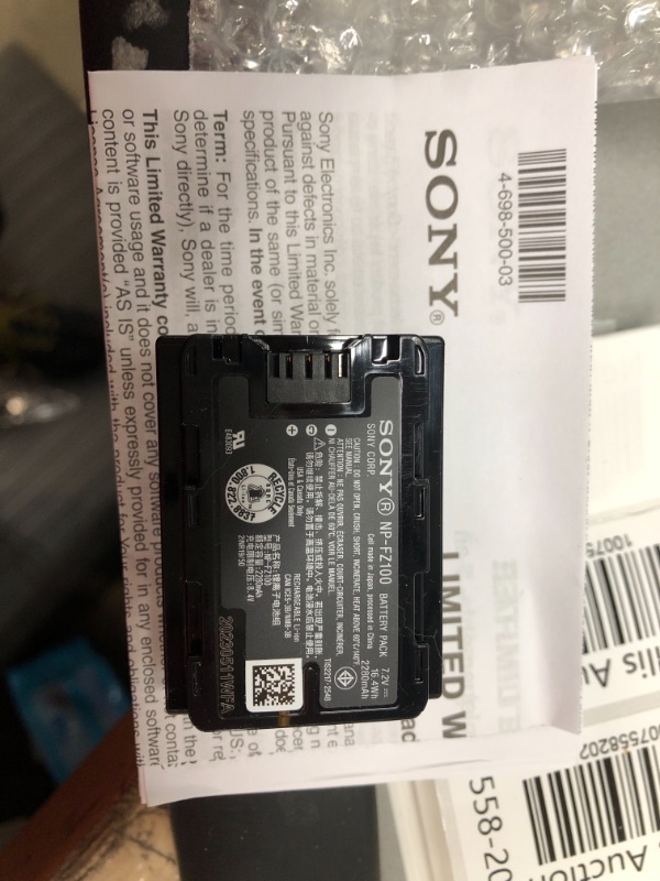 Photo 1 of Sony NPFZ100 Z-series Rechargeable Battery Pack for Alpha A7 III, A7R III, A9 Digital Cameras black