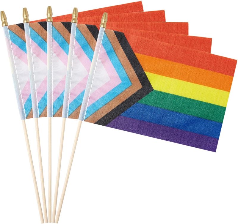 Photo 1 of 3 PACKS ZXvZYT 12 Pack Progress Pride Rainbow Flags Gay LGBT Small Mini Hand Held Stick Flag Festival Party Parades Decorations( 5x8 Inch)
