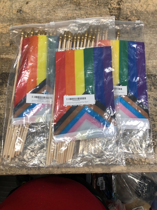 Photo 2 of 3 PACKS ZXvZYT 12 Pack Progress Pride Rainbow Flags Gay LGBT Small Mini Hand Held Stick Flag Festival Party Parades Decorations( 5x8 Inch)
