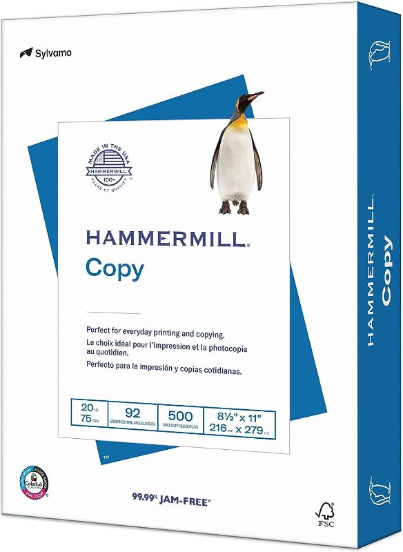 Photo 1 of Hammermill Printer Paper, 20 lb Copy Paper, 8.5 x 11 - 1 Ream (500 Sheets) - 92 Bright, Made in the USA
