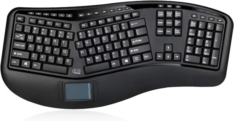 Photo 1 of Adesso WKB-4500UB - Wireless Ergonomic Desktop Touchpad Keyboard, Split Keys Design, Palm Rest, Media Control Hotkeys, Long Battery Life - Compatible for Laptop/Desktop/PC/Windows XP/7/8/10, Black
