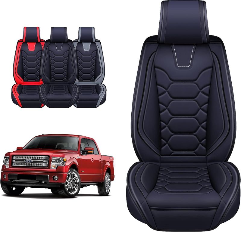 Photo 1 of OASIS AUTO Ford F150 F250 F350 Accessories Seat Covers 2009-2025 Custom Fit Leather Truck Cover Protector F-150 F-250 F-350 Crew Double Super Extended Cab (Front Bucket Pair, Black)
