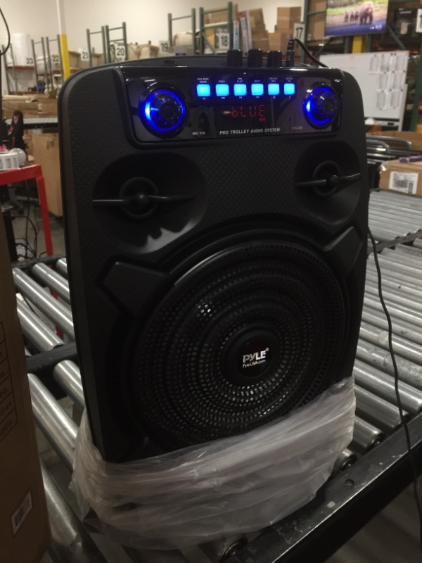 Photo 2 of Portable Bluetooth PA Speaker System - 600W 10” Outdoor BT Speaker - Includes 2 Wireless Microphones, Party Lights, USB SD Card Reader, FM Radio, Rolling Wheels - Remote Control - Pyle PPHP101WMB
