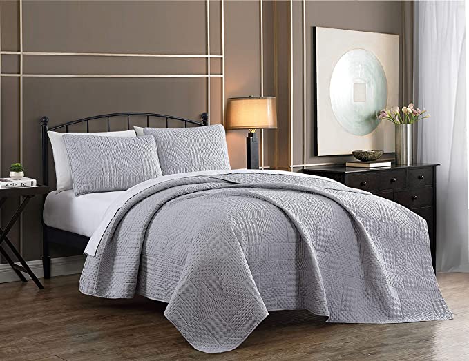 Photo 1 of Addison Home Yardley Quilt Set, King, Lightweight Microfiber Bedspread, Embossed Design, Quilted Coverlet with Matching Pillow Shams, All Season Bedding Basics, Light Grey
