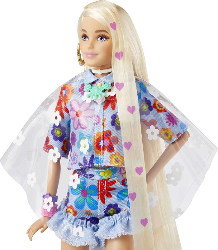 Photo 1 of Barbie Extra Doll #12 in Floral 2-Piece Fashion & Accessories, with Pet Bunny, Extra-Long Blonde Hair with Heart Icons & Flexible Joints