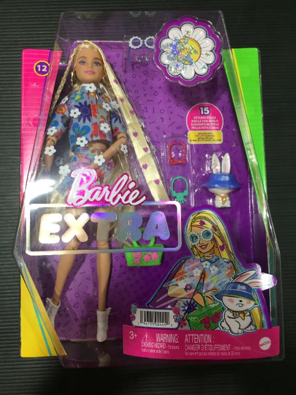 Photo 5 of Barbie Extra Doll #12 in Floral 2-Piece Fashion & Accessories, with Pet Bunny, Extra-Long Blonde Hair with Heart Icons & Flexible Joints