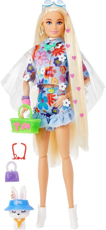 Photo 2 of Barbie Extra Doll #12 in Floral 2-Piece Fashion & Accessories, with Pet Bunny, Extra-Long Blonde Hair with Heart Icons & Flexible Joints