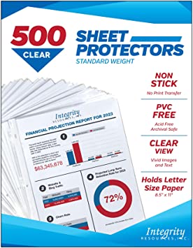 Photo 1 of Integrity Resources Crystal Clear Sheet Protectors, Top Loading, Durable, Archival Safe, PVC Free, Acid Free, Polypropylene, 8.5 x 11 Inch for 3 Ring Binder, Bulk Pack 500
