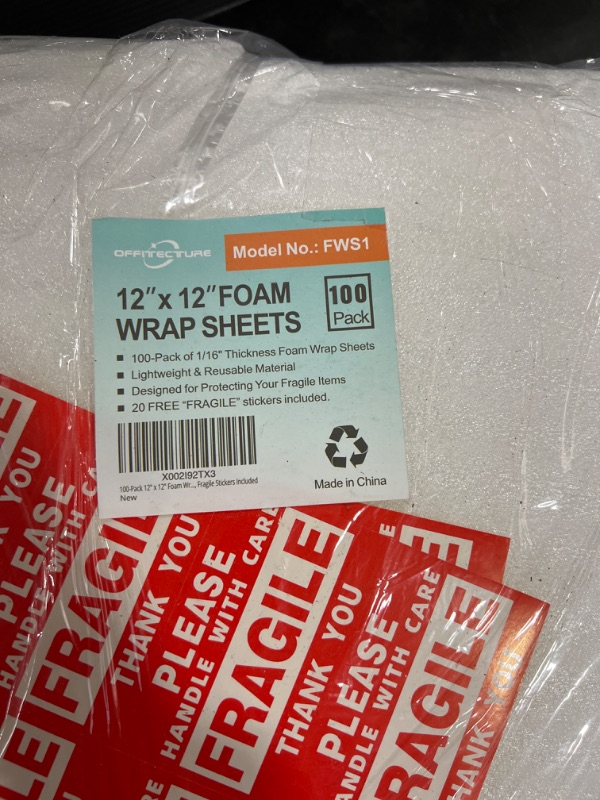 Photo 3 of 100-Pack 12" x 12" Foam Wrap Sheets Cushioning Foam, Moving and Packing Supplies, Fragile Stickers Included
