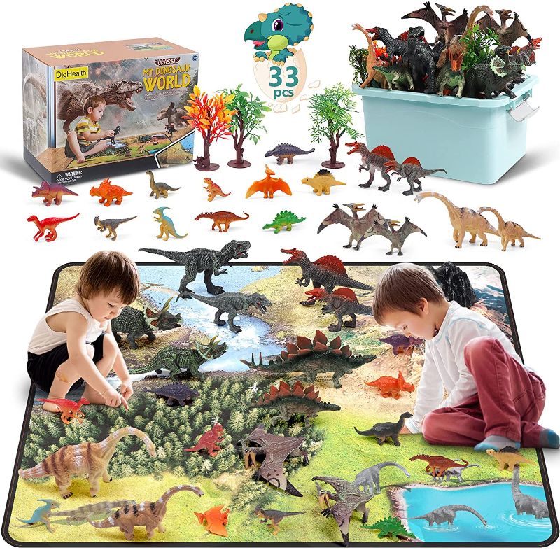 Photo 1 of DigHealth 33 Pcs Dinosaur Toy Playset with Activity Play Mat, Realistic Dinosaur Figures, Trees, Rockery to Create a Dino World